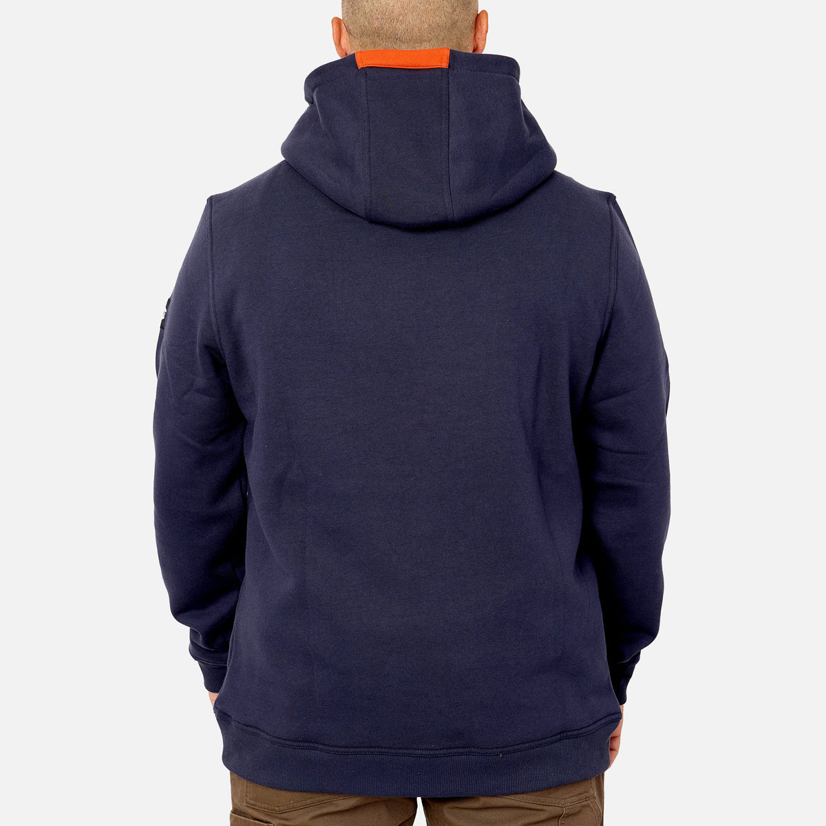 Back of the limited edition BRUNT water resistant shevlin work hoodie in navy with BRUNT on chest * 1
