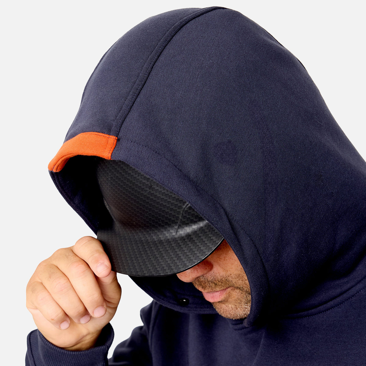 Hard hat compatible hood of the limited edition BRUNT water resistant shevlin work hoodie in navy with BRUNT on chest * 1