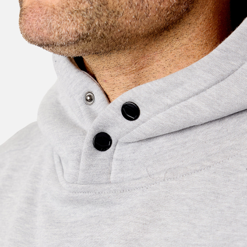View 2 front of button snaps of the BRUNT water resistant shevlin work hoodie in light grey heather