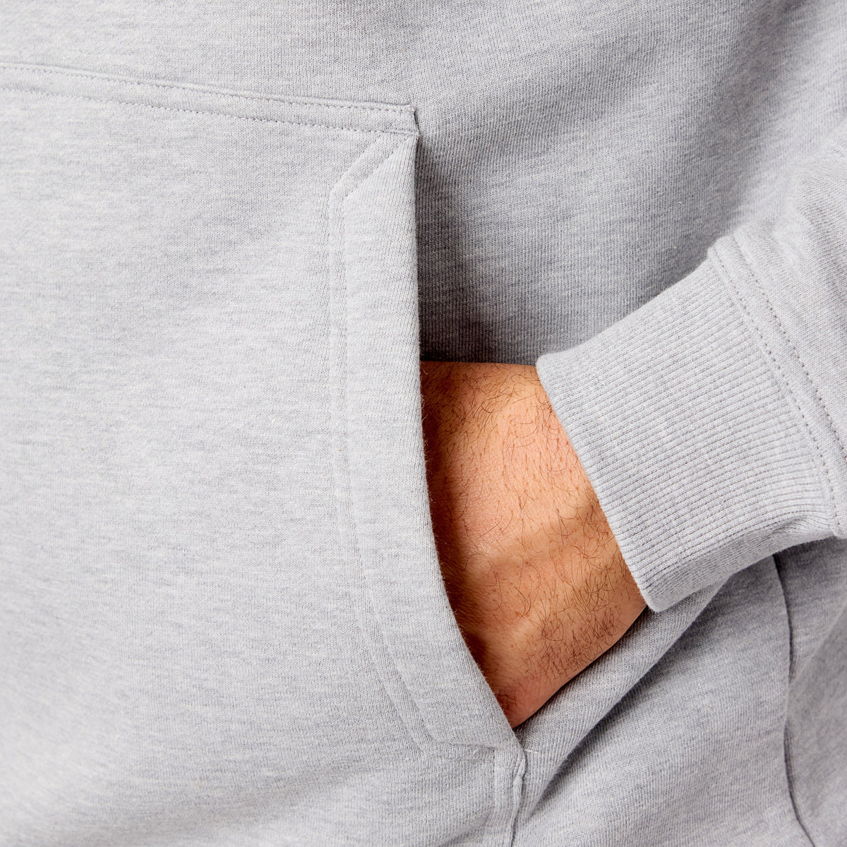 Front of hand pocket of the BRUNT water resistant shevlin work hoodie in light grey heather