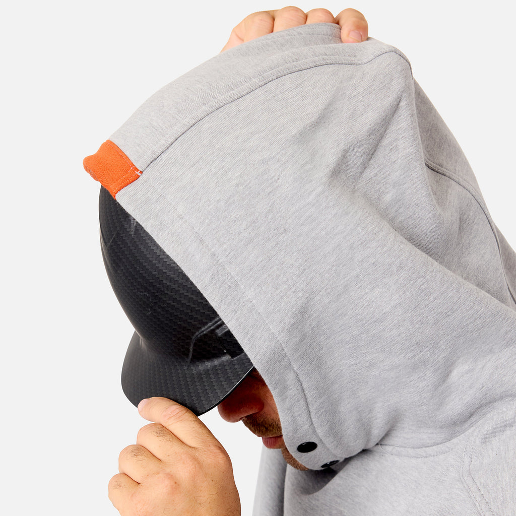 Hard hat compatible hood of the BRUNT water resistant shevlin work hoodie in light grey heather