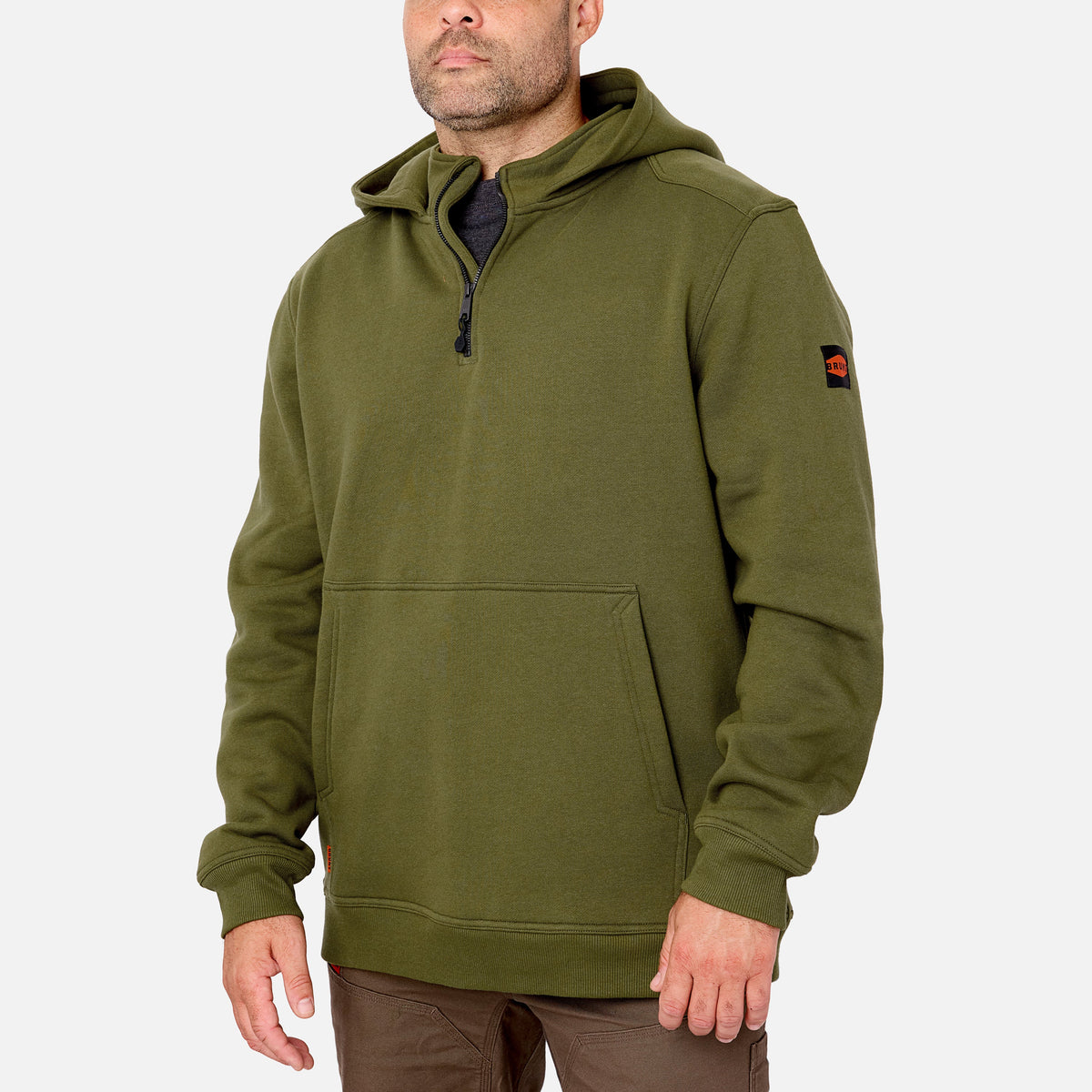 45 degree angle of the front left side of the BRUNT water resistant shevlin work quarter zip hoodie in hunter green * 1