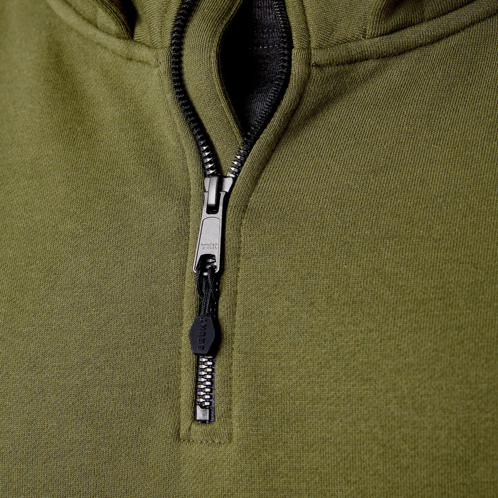 View 2 front of the YKK metaluxe zipper of the BRUNT water resistant shevlin work quarter zip hoodie in hunter green * 1