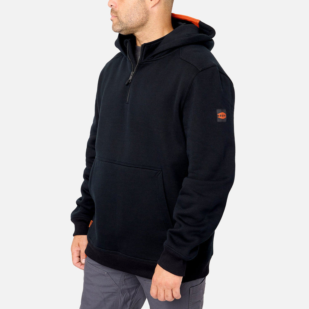 45 degree angle of the front left side of the BRUNT water resistant shevlin work quarter zip hoodie in black * 2