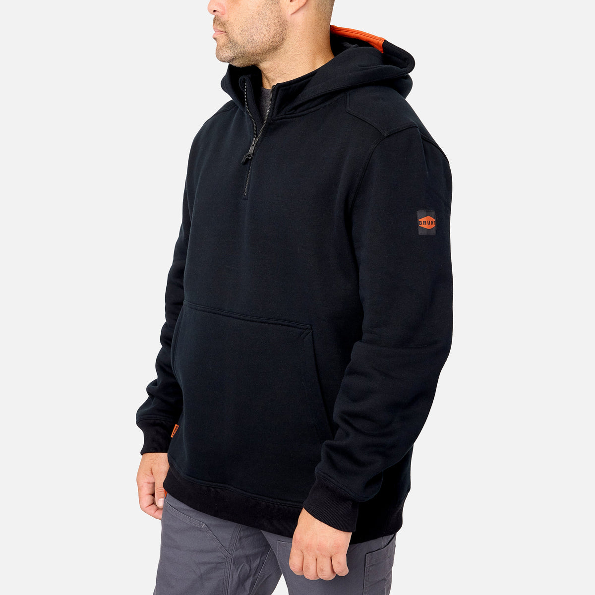 45 degree angle of the front left side of the BRUNT water resistant shevlin work quarter zip hoodie in black * 2