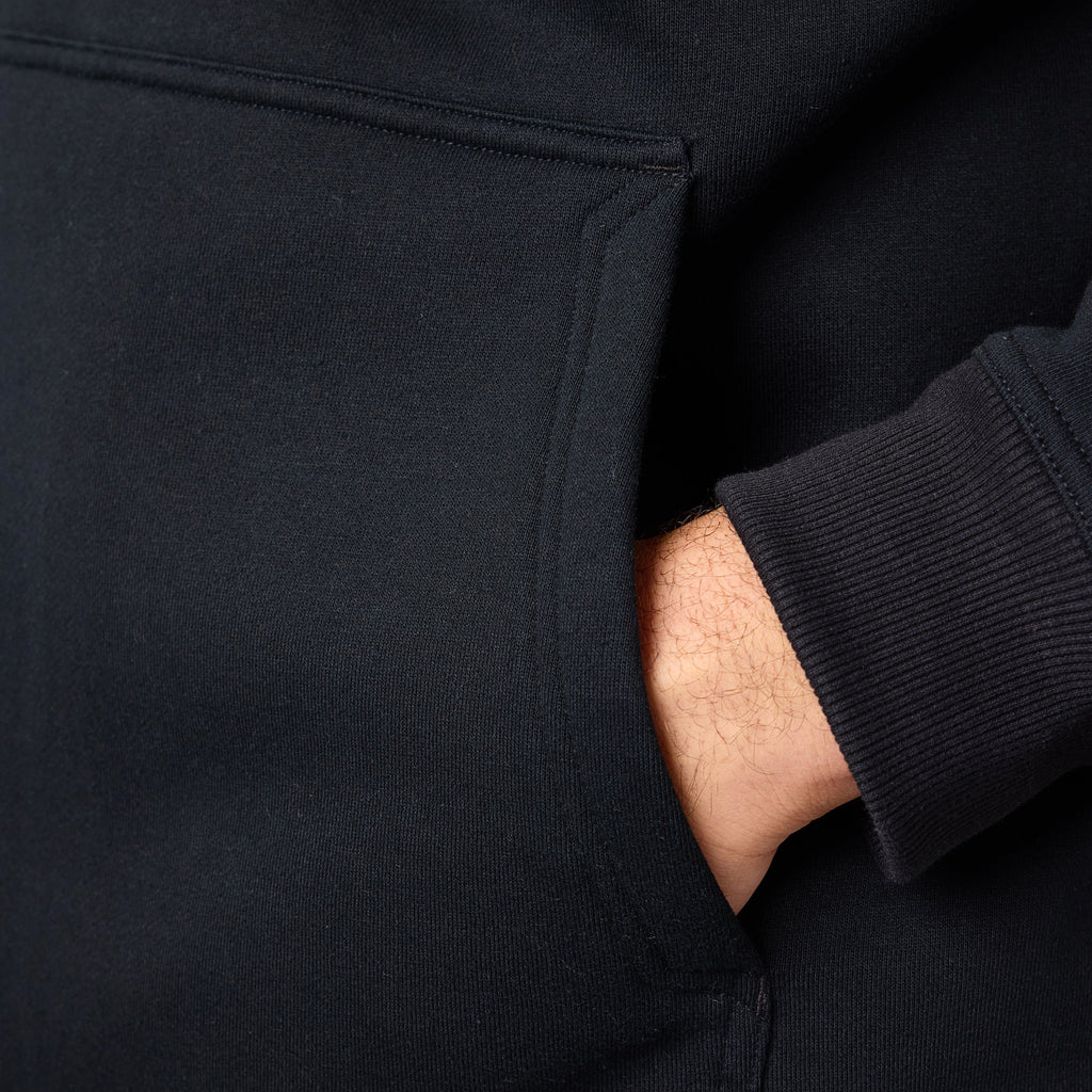 Front of hand pocket of the BRUNT water resistant shevlin work quarter zip hoodie in black * 2