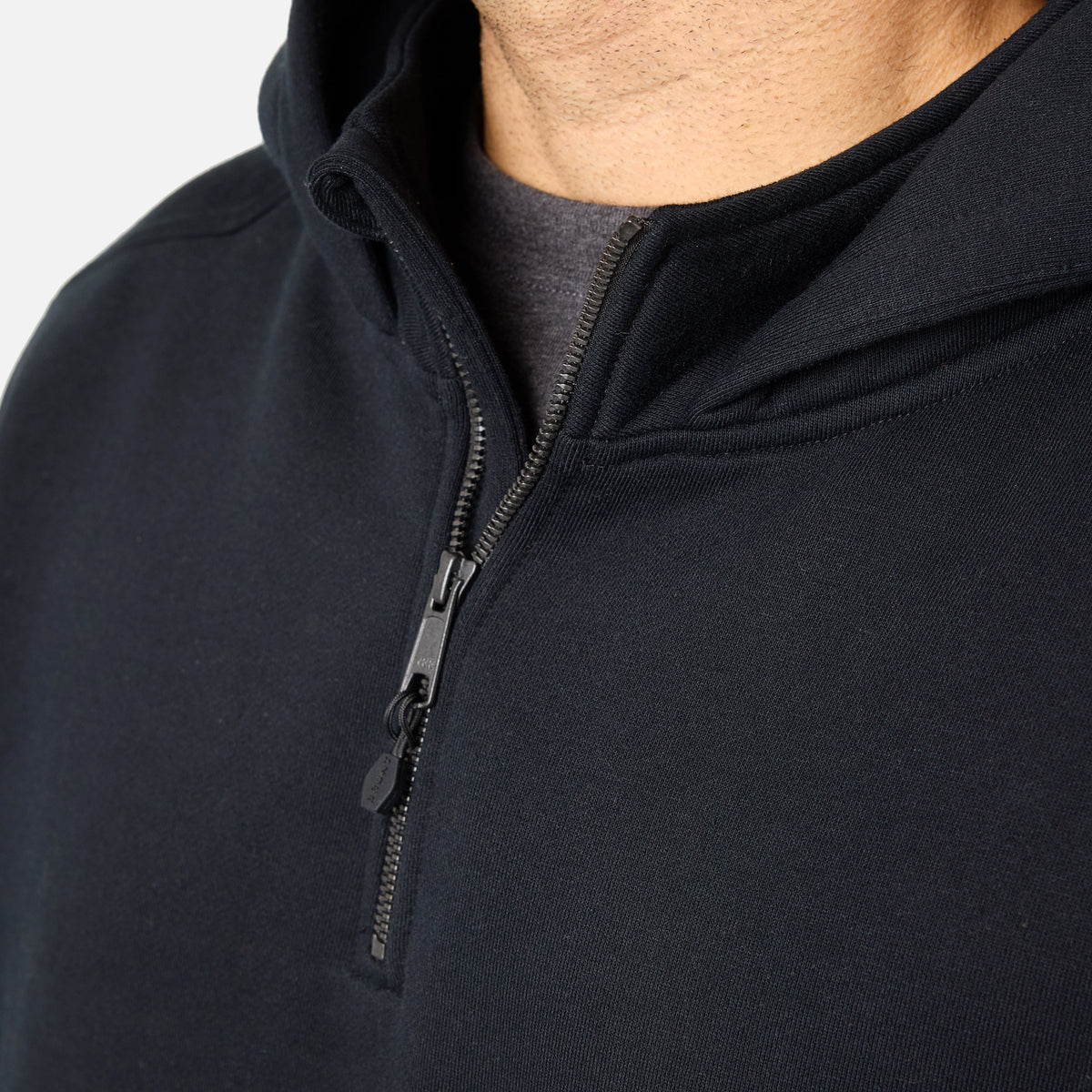 View 2 front of the YKK metaluxe zipper of the BRUNT water resistant shevlin work quarter zip hoodie in black * 2