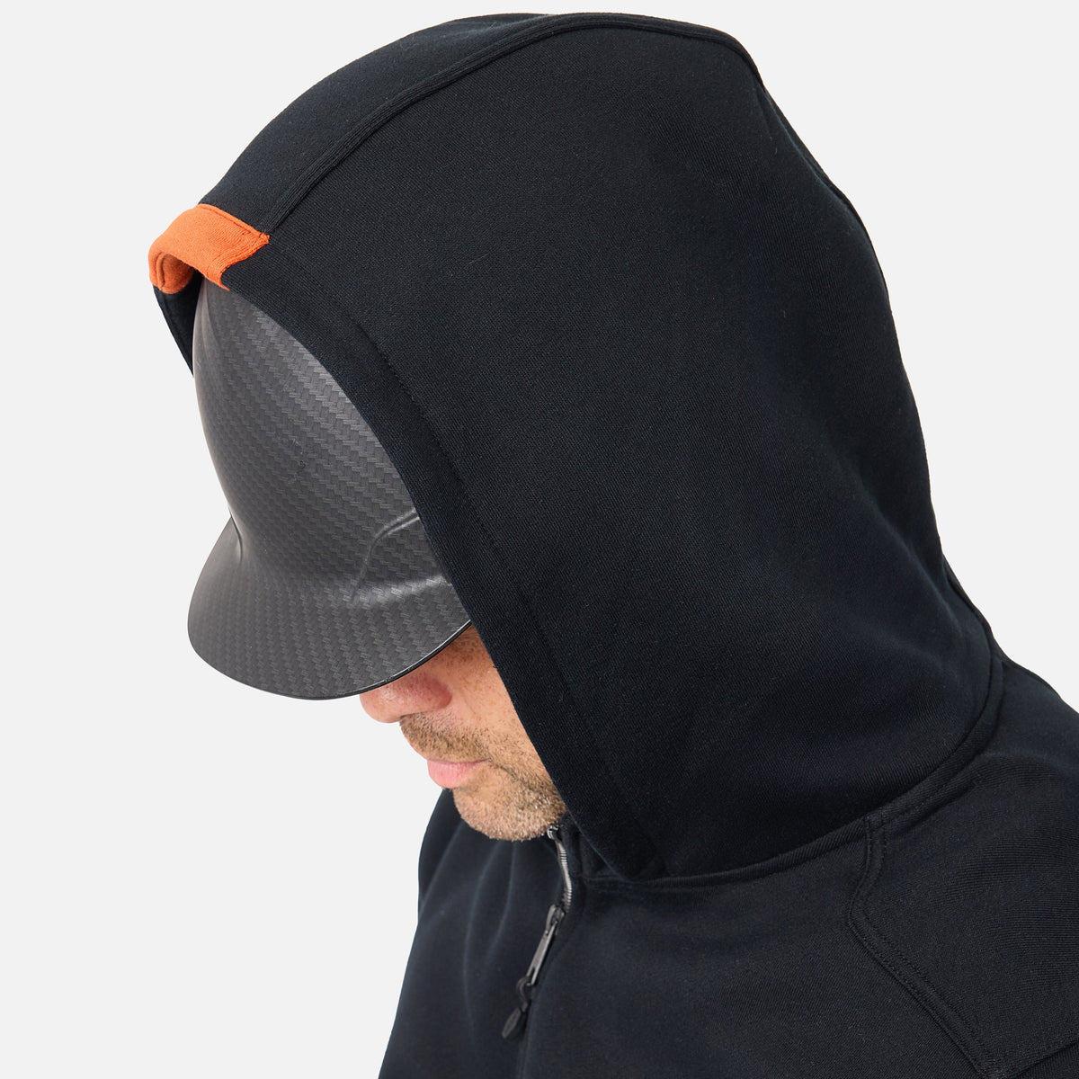 Hard hat compatible hood of the BRUNT water resistant shevlin work quarter zip hoodie in black * 2