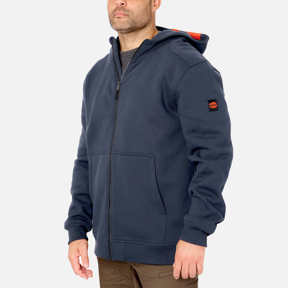 45 degree angle of the front left side of the BRUNT water resistant full zip shevlin work hoodie in navy blue * 1