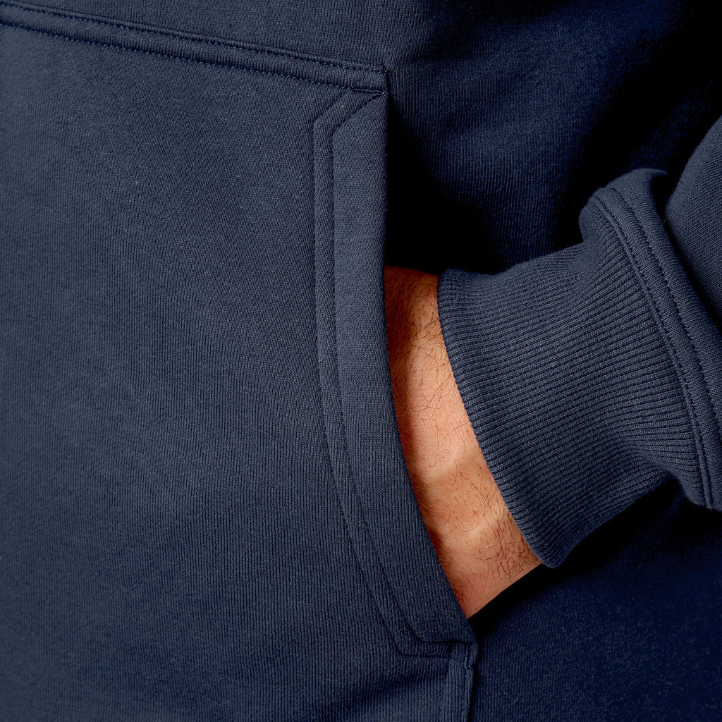 Front of hand pocket of the BRUNT water resistant full zip shevlin work hoodie in navy blue * 1