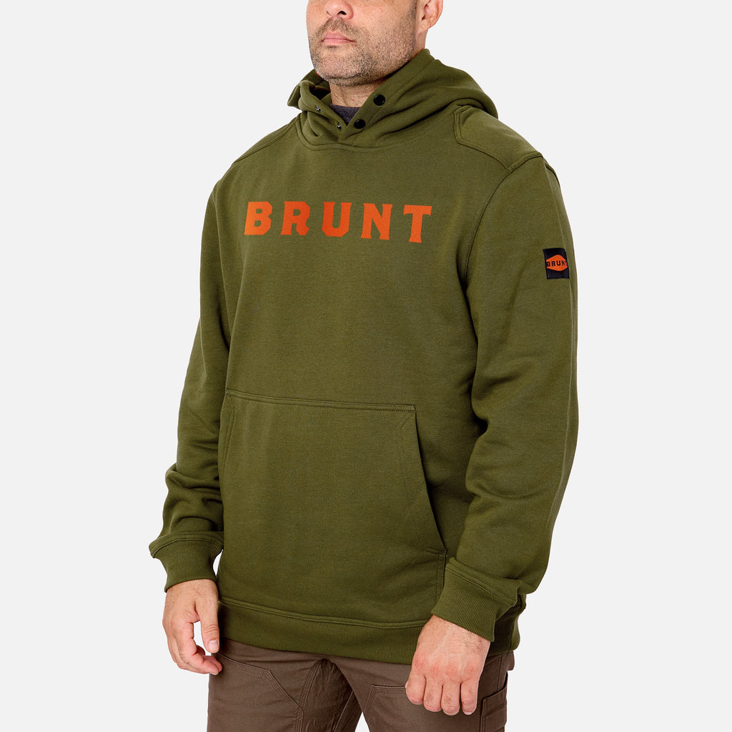 45 degree angle of the front left side of the limited edition BRUNT water resistant shevlin work hoodie in hunter green with BRUNT on chest * 0