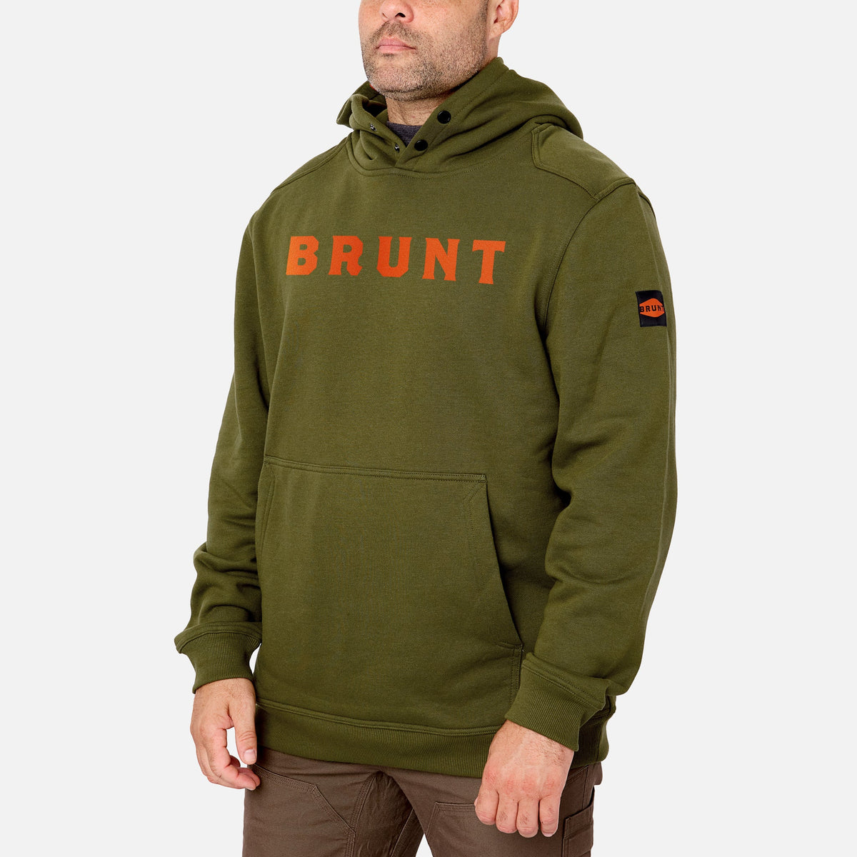 45 degree angle of the front left side of the limited edition BRUNT water resistant shevlin work hoodie in hunter green with BRUNT on chest * 0