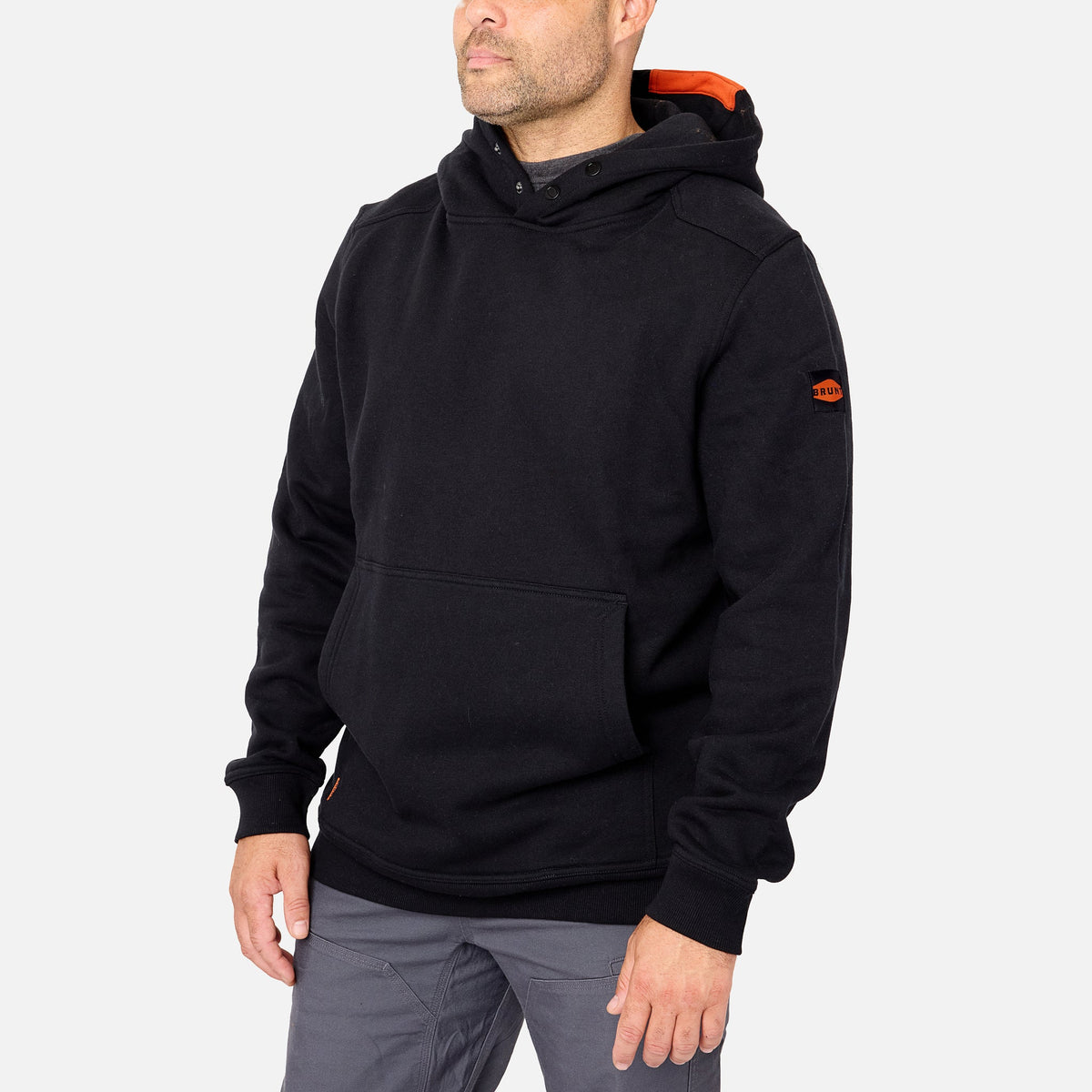 45 degree angle of the front left side of the BRUNT water resistant shevlin work hoodie in black