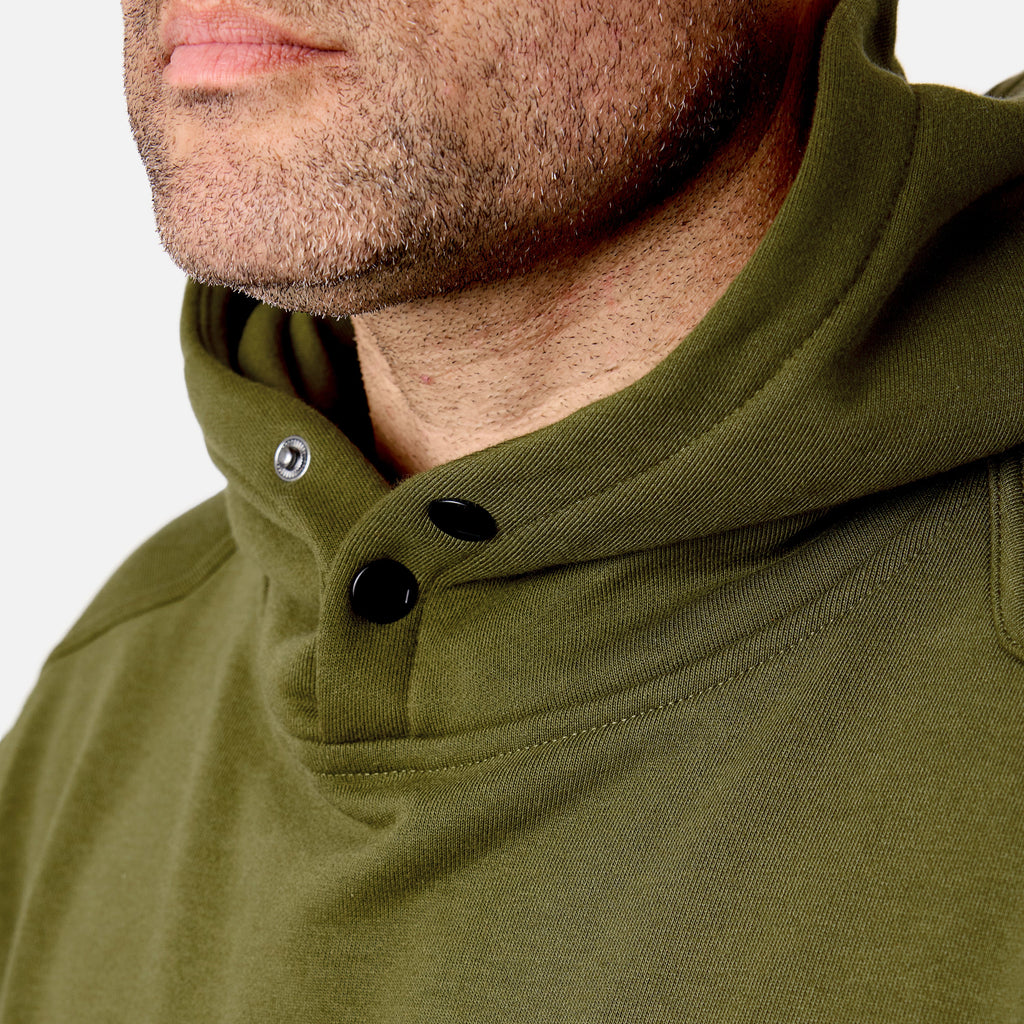 View 2 front of button snaps of the BRUNT water resistant shevlin work hoodie in hunter green