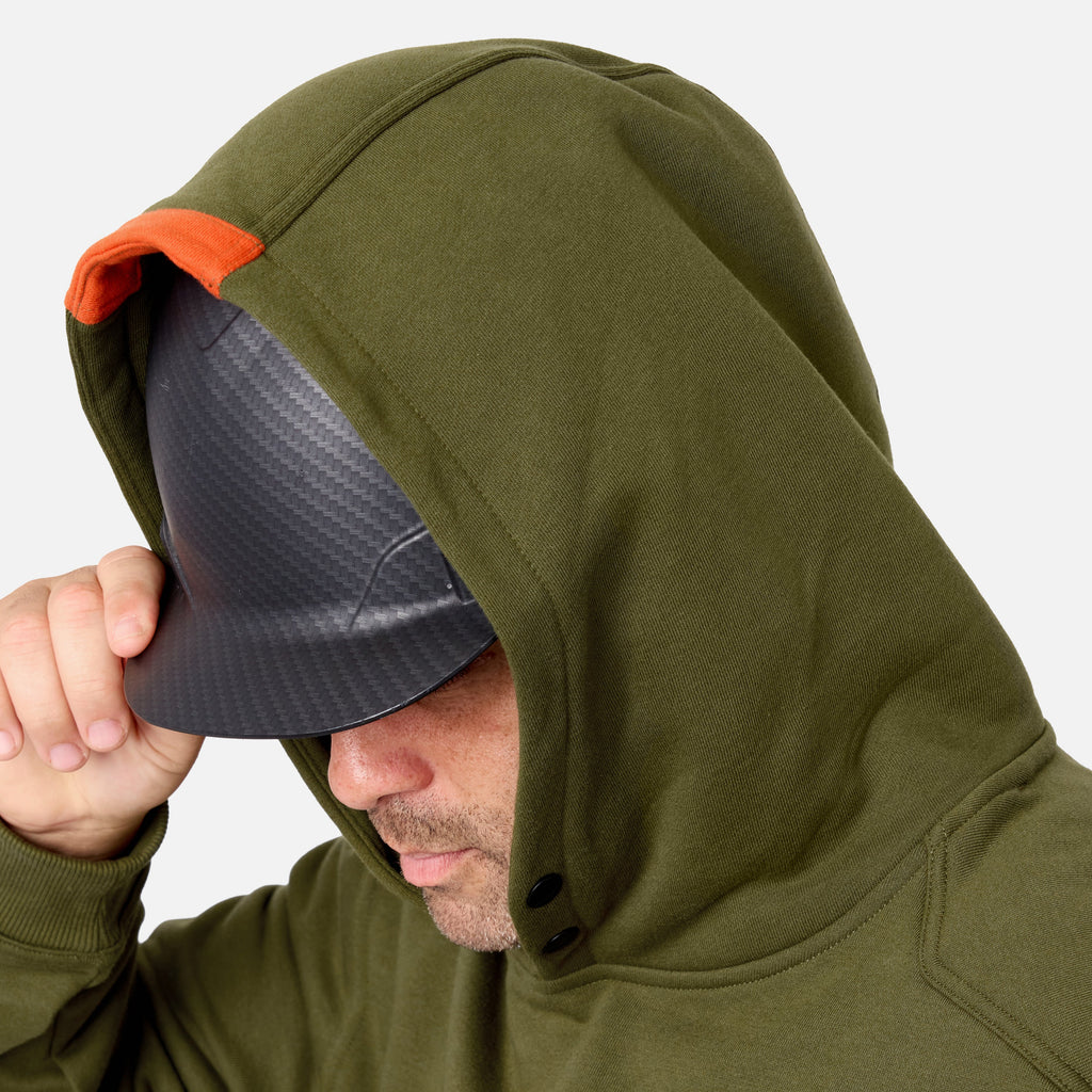 Hard hat compatible hood of the BRUNT water resistant shevlin work hoodie in hunter green