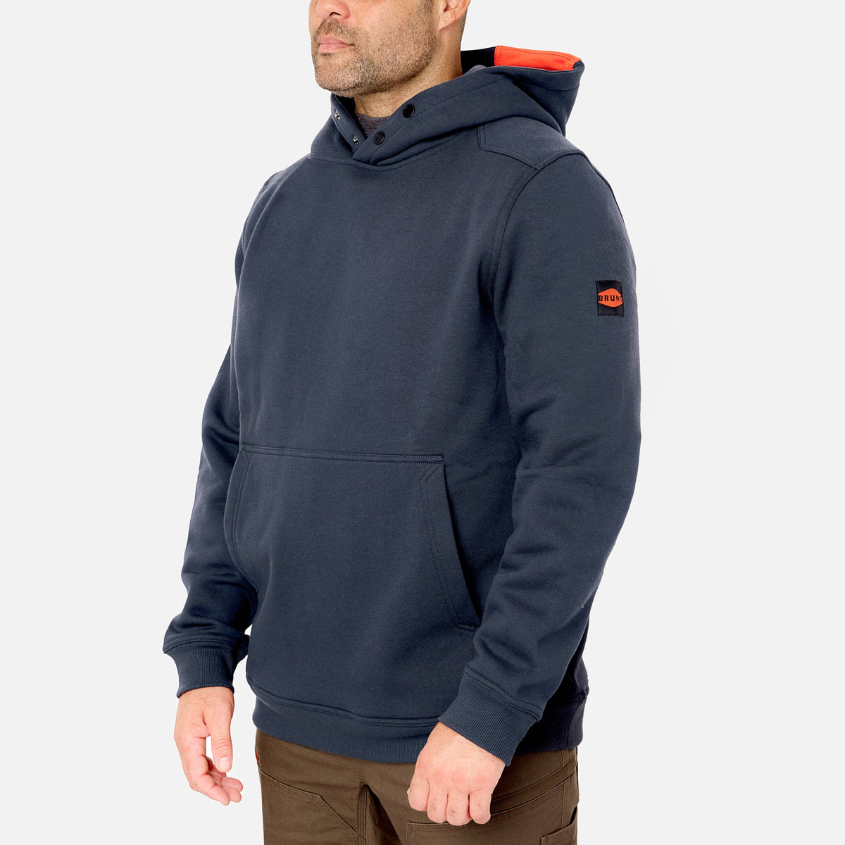 45 degree angle of the front left side of the BRUNT water resistant shevlin work hoodie in navy blue