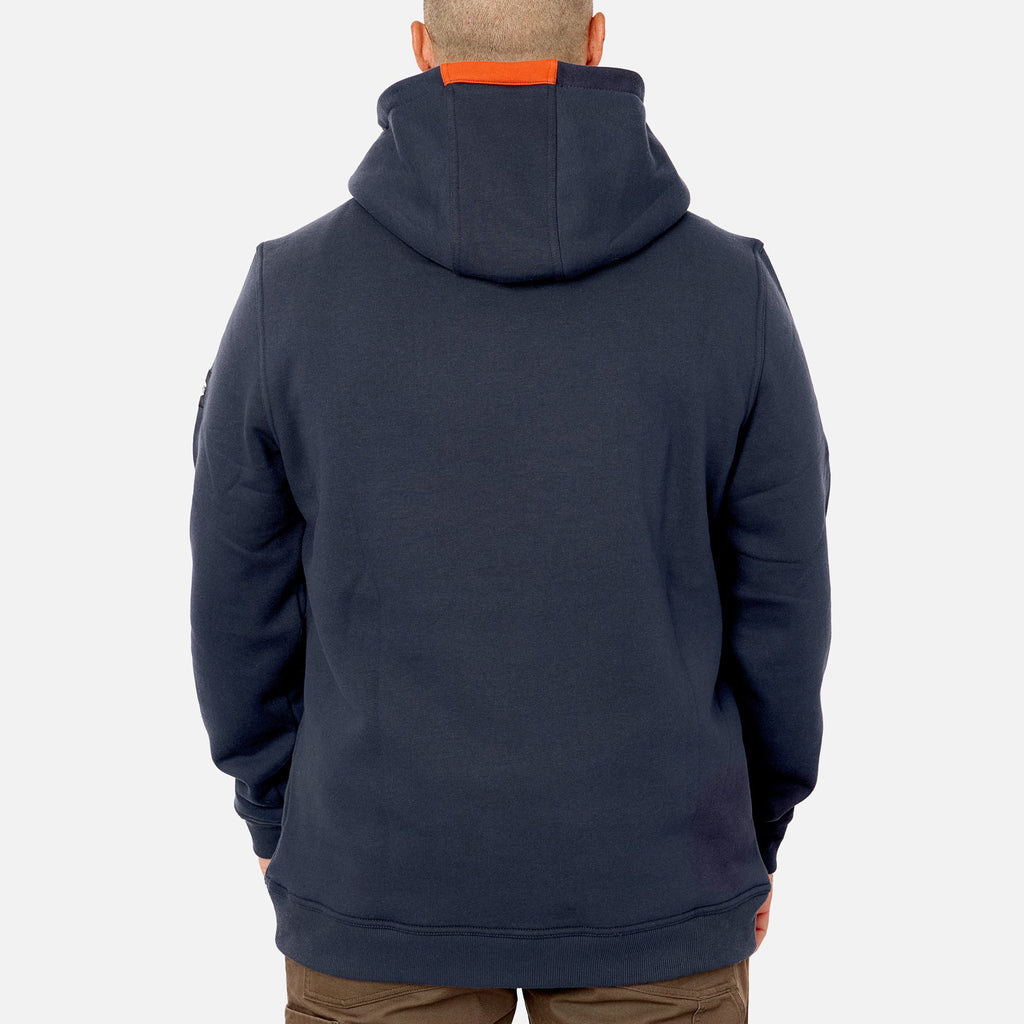Back of the BRUNT water resistant shevlin work hoodie in navy blue
