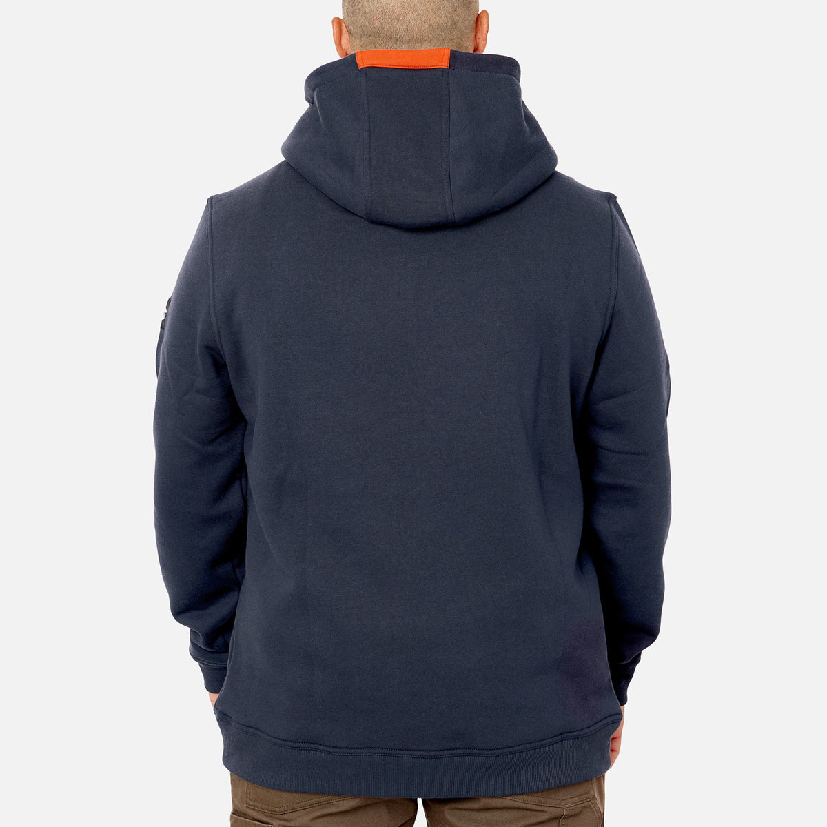 Back of the BRUNT water resistant shevlin work hoodie in navy blue