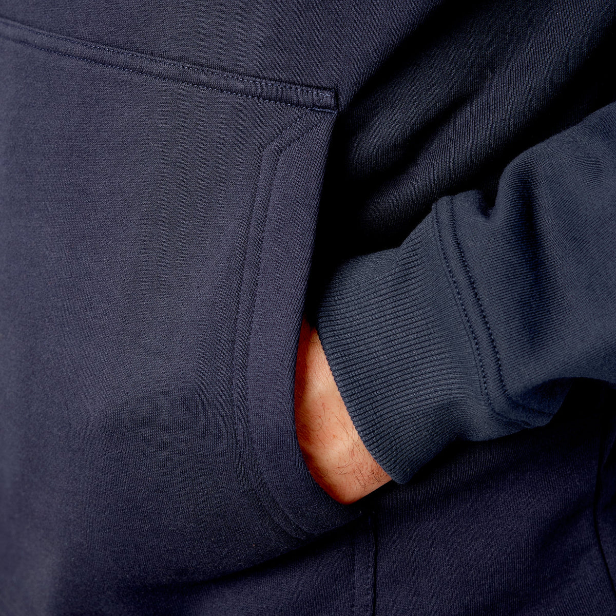 Front of hand pocket of the BRUNT water resistant shevlin work hoodie in navy blue