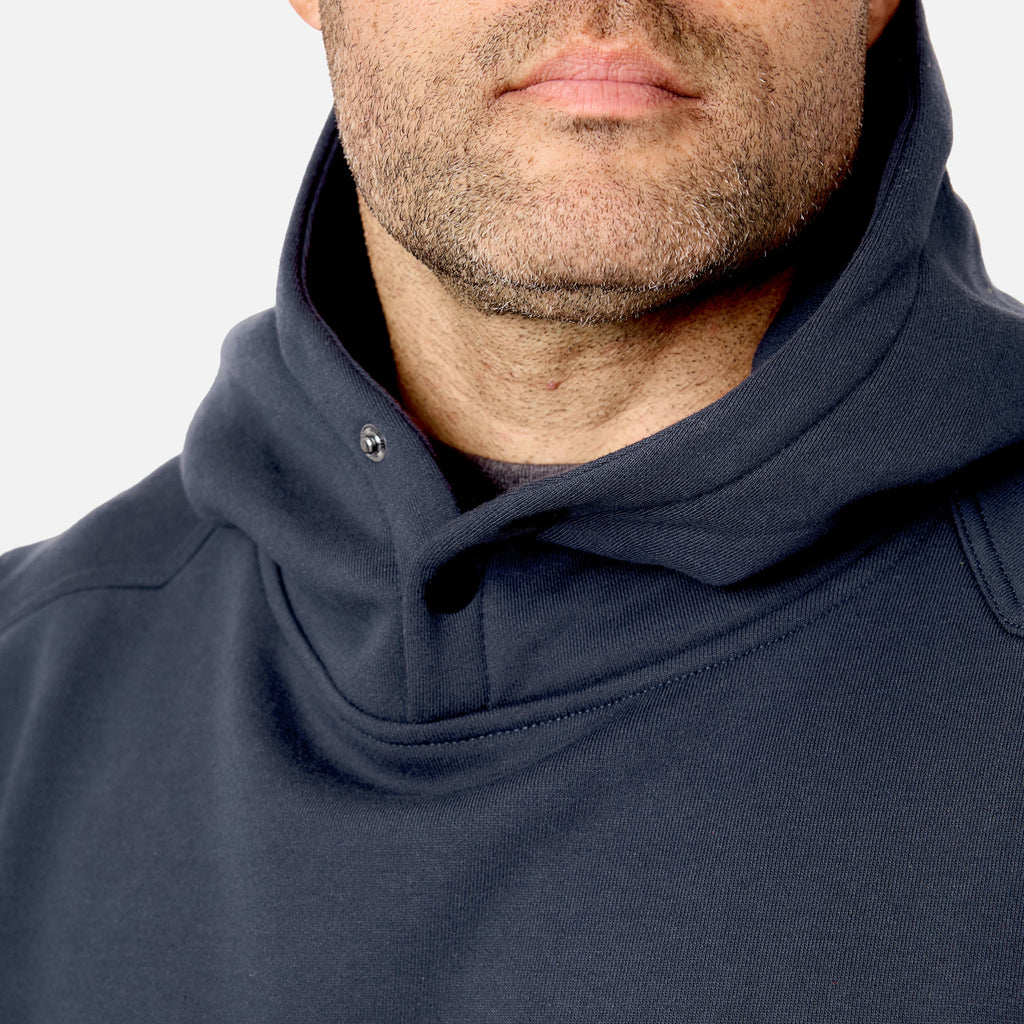 View 2 front of button snaps of the BRUNT water resistant shevlin work hoodie in navy blue
