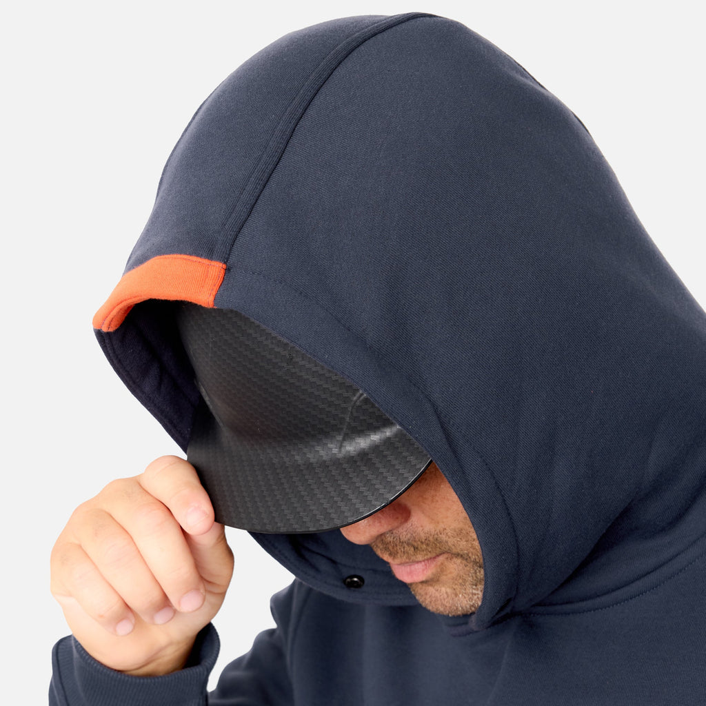 Hard hat compatible hood of the BRUNT water resistant shevlin work hoodie in navy blue