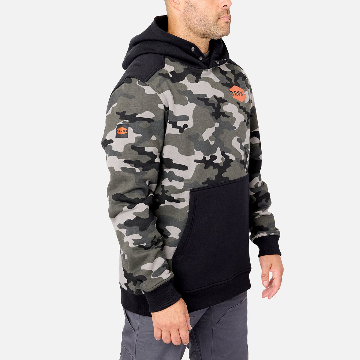 45 degree angle of the front left side of the limited edition BRUNT water resistant shevlin work hoodie in black camo * 0