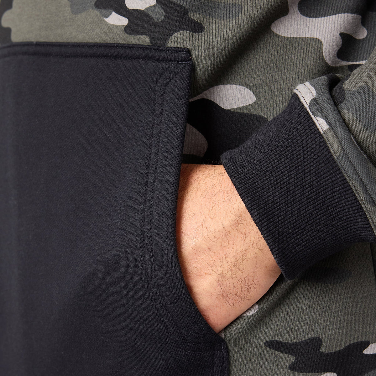 Front of hand pocket of the limited edition BRUNT water resistant shevlin work hoodie in  black camo * 0