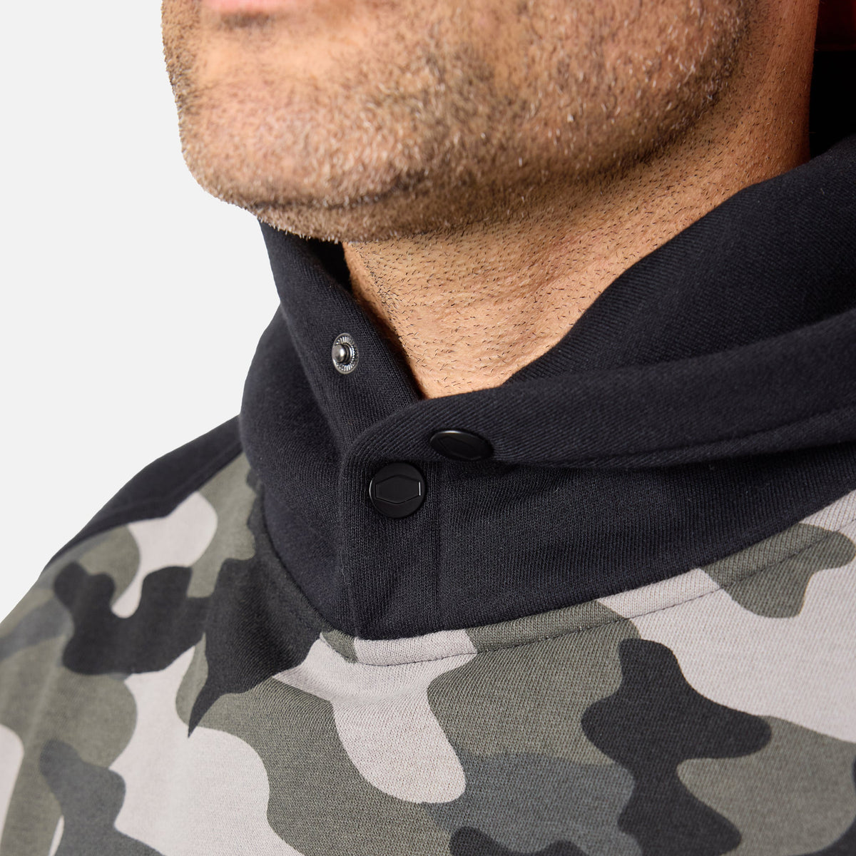 View 2 front of button snaps of the limited edition BRUNT water resistant shevlin work hoodie in black camo * 0