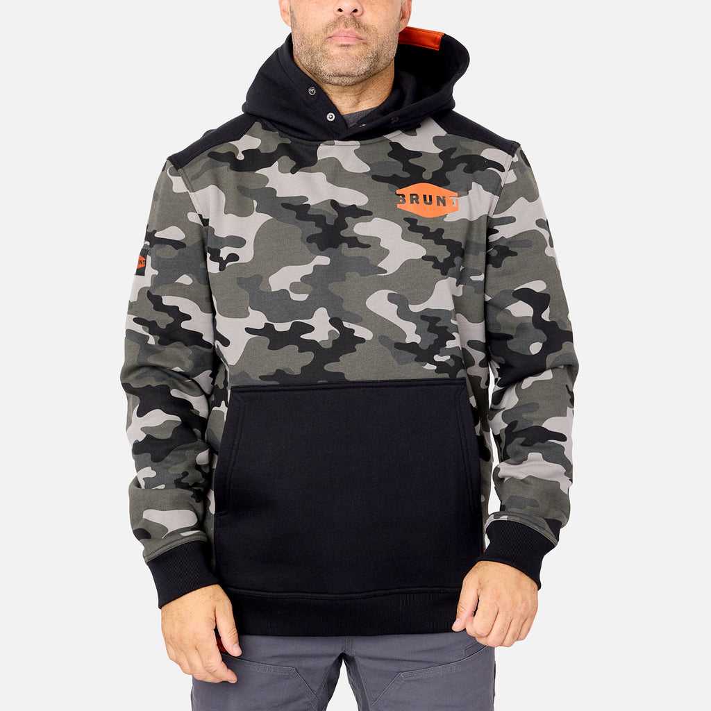 View 1 front of the limited edition BRUNT water resistant shevlin work hoodie in black camo * 0 # LIMITED EDITION