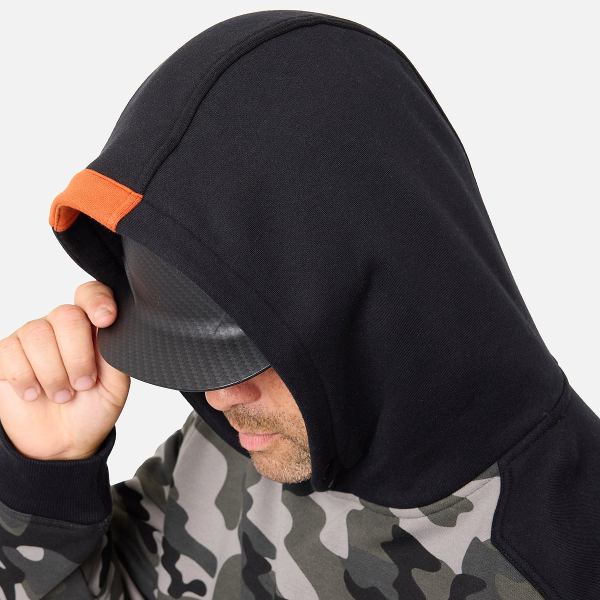 Hard hat compatible hood of the limited edition BRUNT water resistant shevlin work hoodie in black camo * 0