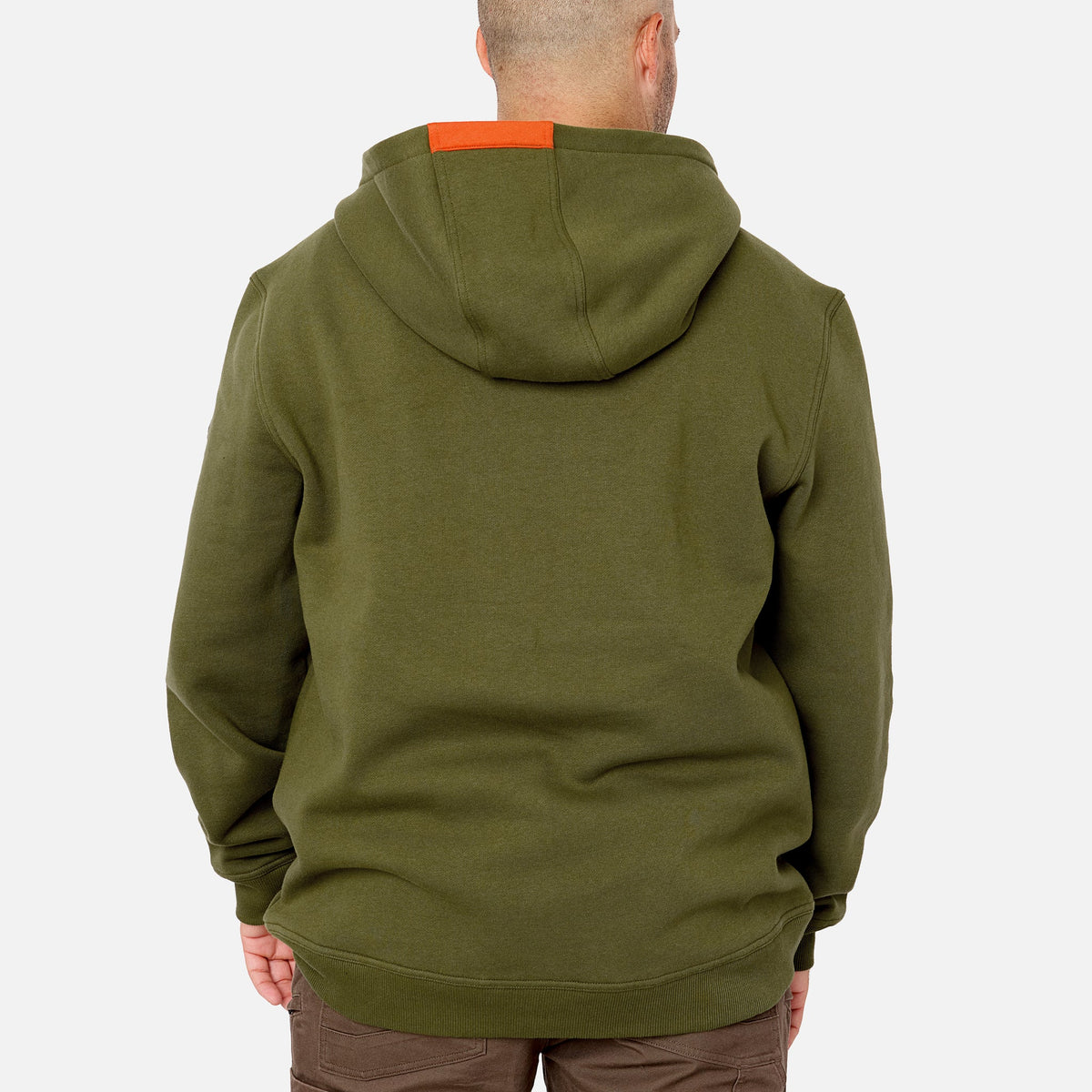 Back of the BRUNT water resistant shevlin work quarter zip hoodie in hunter green