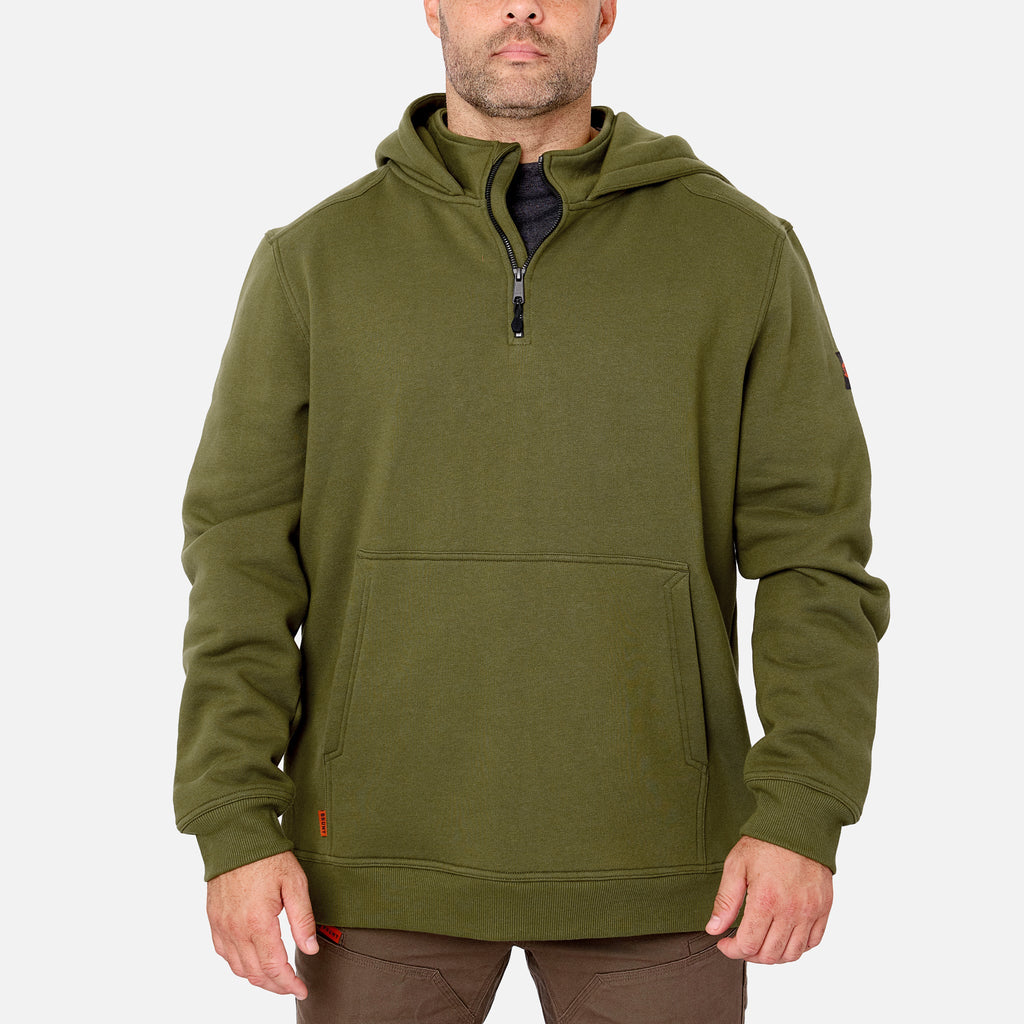 Front of the BRUNT water resistant shevlin work quarter zip hoodie in hunter green