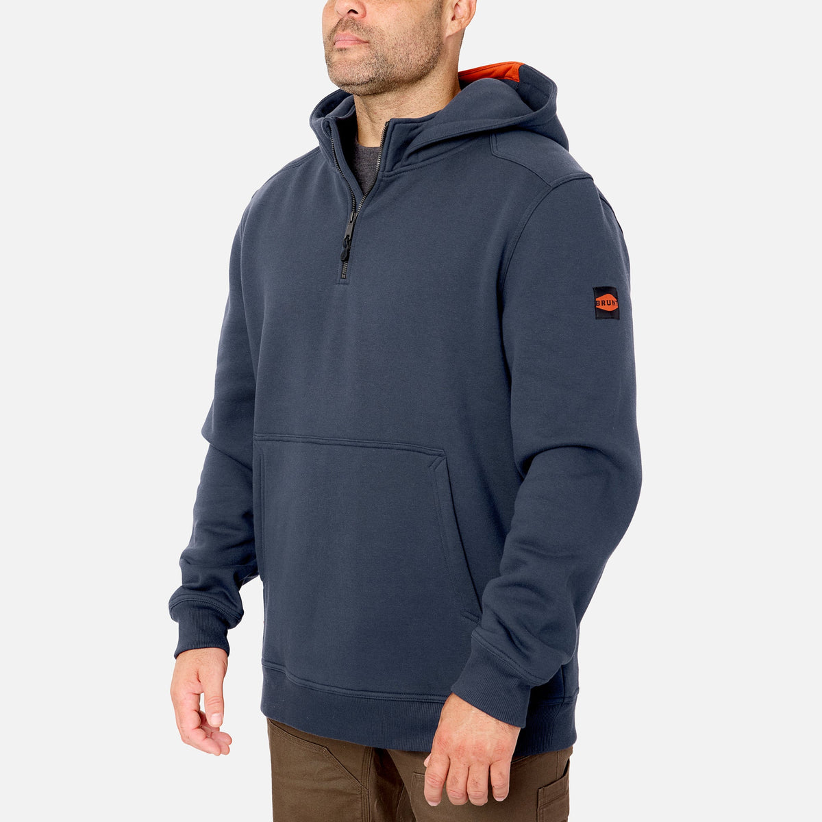45 degree angle of the front left side of the BRUNT water resistant shevlin work quarter zip hoodie in navy blue * 0