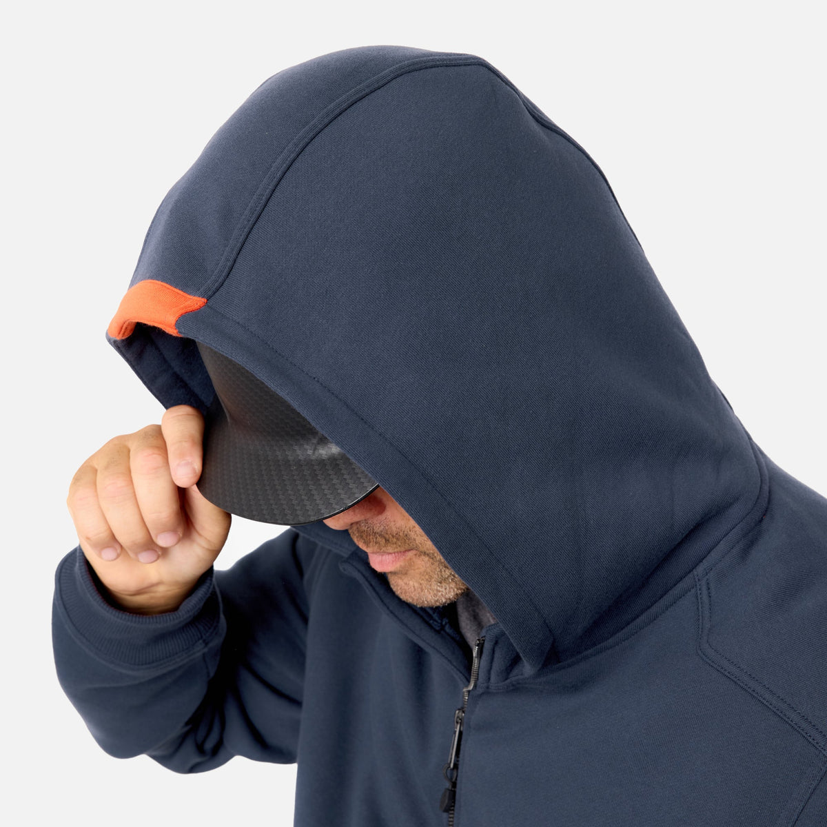Hard hat compatible hood of the BRUNT water resistant shevlin work quarter zip hoodie in navy blue * 0