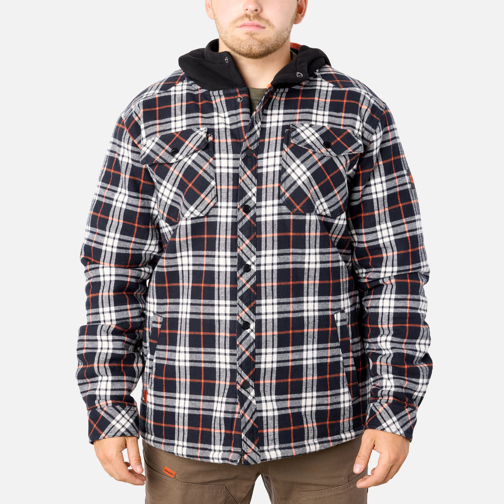View 1 front of the BRUNT quilted flannel work jacket in black white plaid * 0