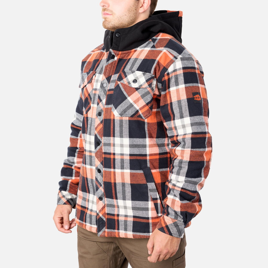 45 degree angle of the left BRUNT quilted flannel work jacket in black orange plaid * 1