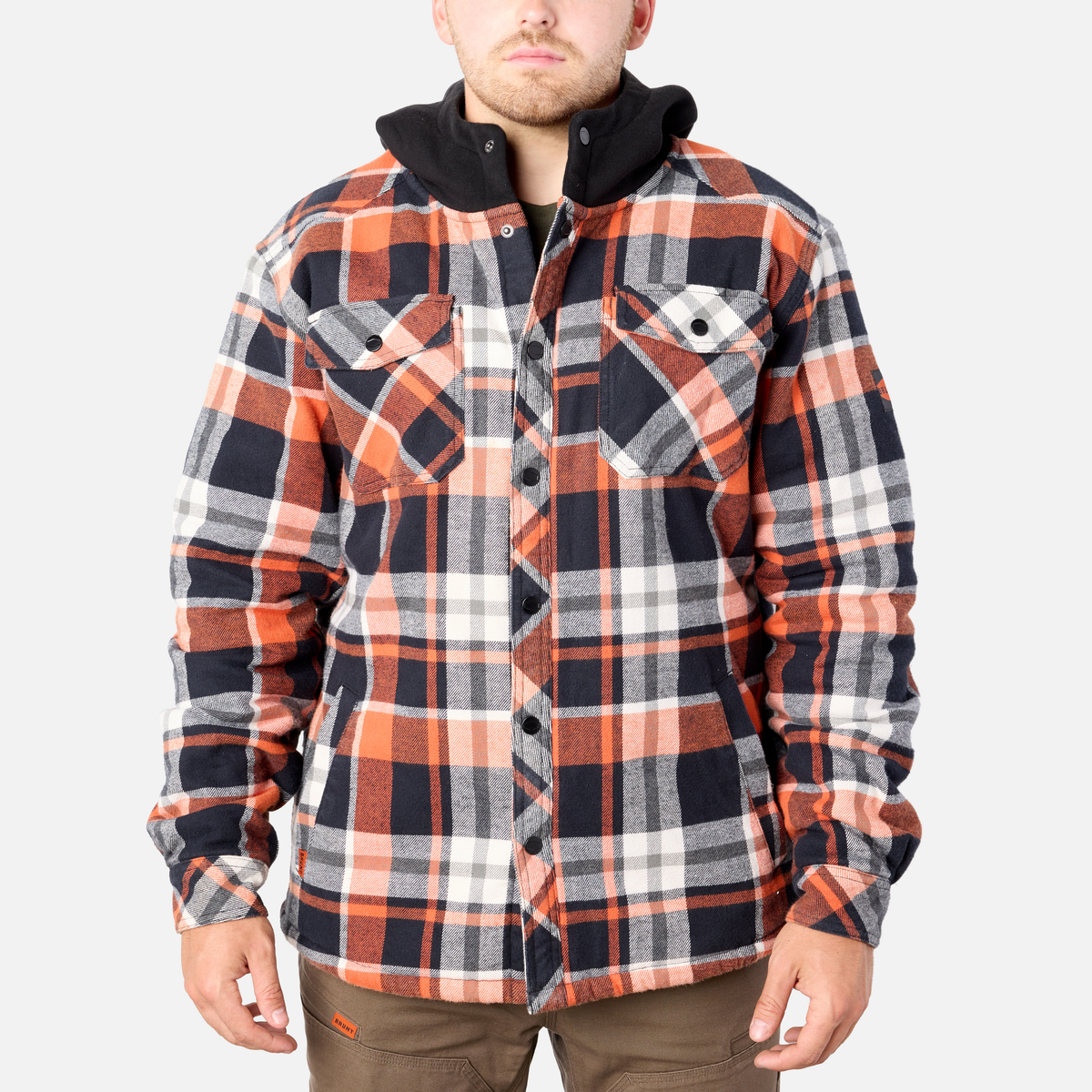 View 1 front of the BRUNT quilted flannel work jacket in black orange plaid * 1