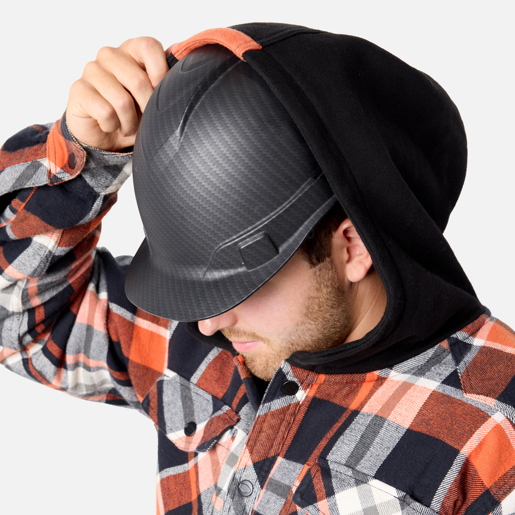 Hard hat compatible hood of the BRUNT quilted flannel work jacket in black orange plaid * 1