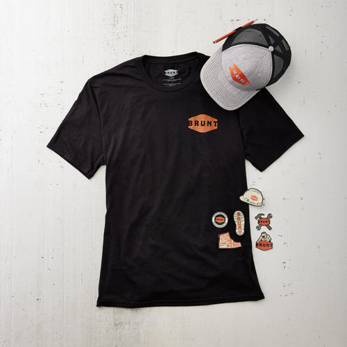 Black BRUNT t-shirt with black and grey BRUNT hat and BRUNT signature stickers