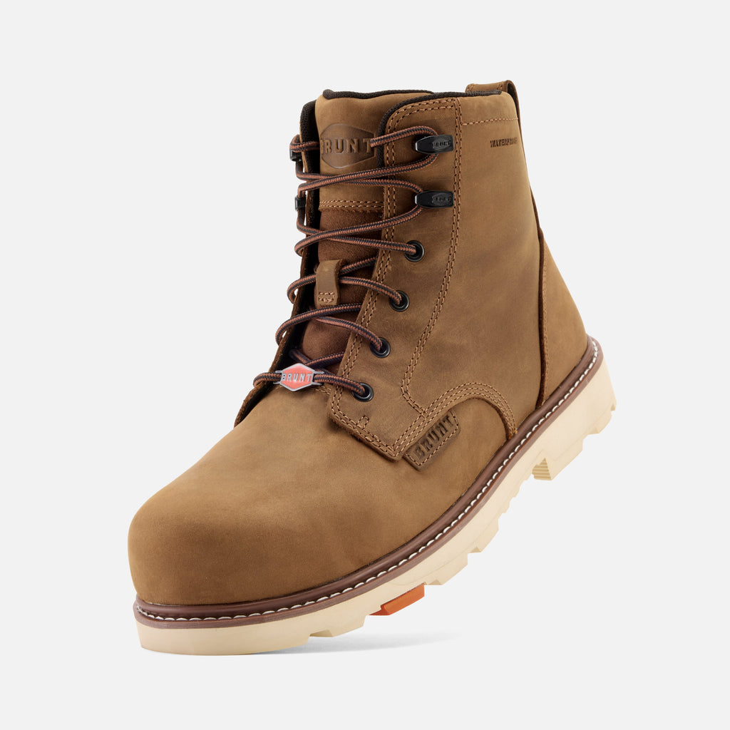 45 degree angle of the left BRUNT 6 inch waterproof composite toe sullivan work boot in brown * 0