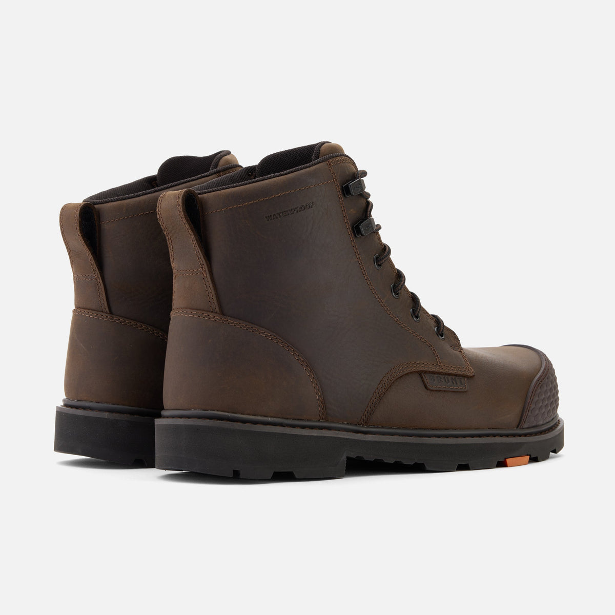 45 degree angle of the back BRUNT 6 inch waterproof reinforced composite toe sullivan work boot in dark brown