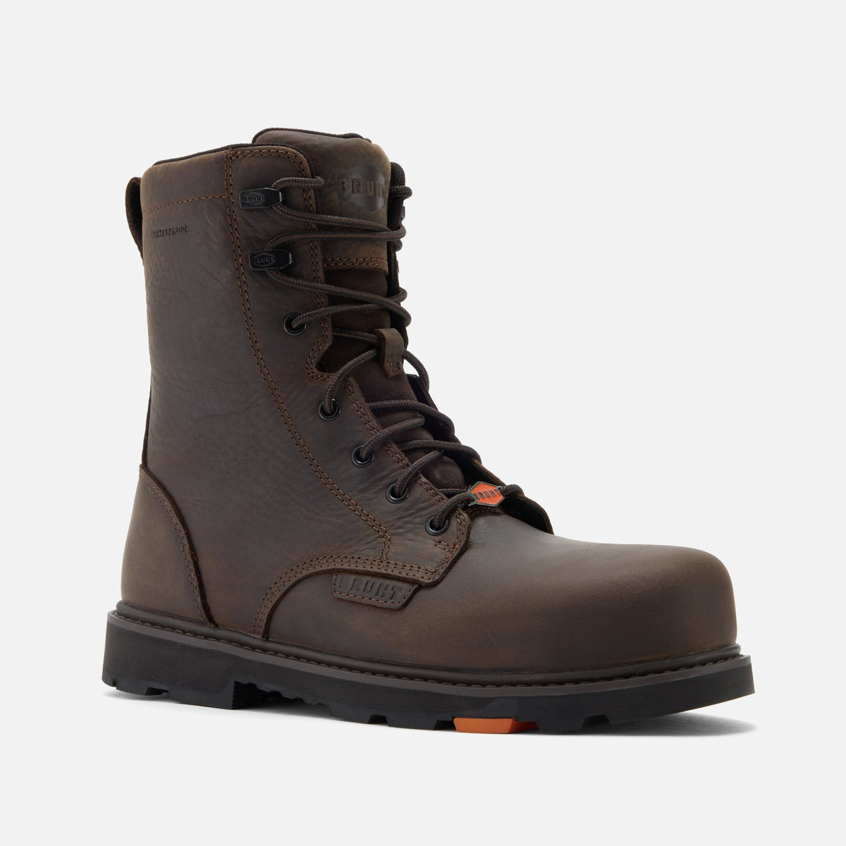 View 2 45 degree angle of the right BRUNT 8 inch waterproof composite toe sullivan work boot in dark brown