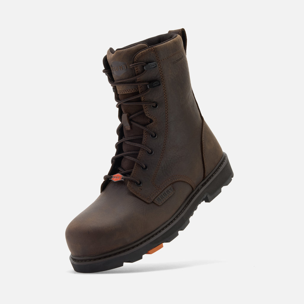 45 degree angle of the left BRUNT 8 inch waterproof composite toe sullivan work boot in dark brown