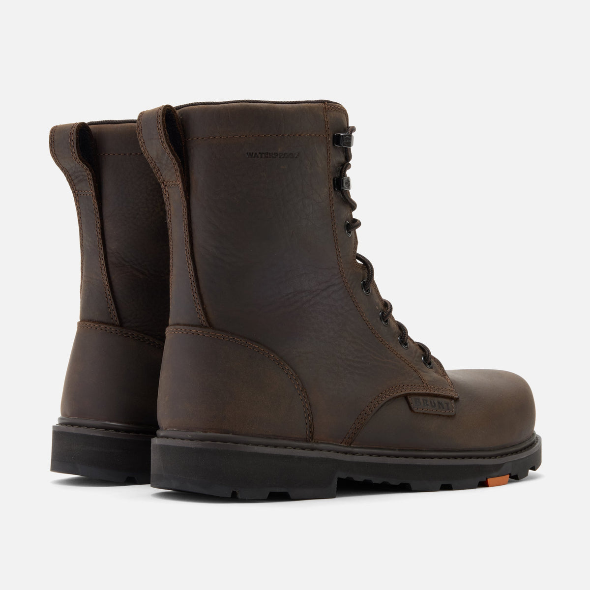 45 degree angle of the back BRUNT 8 inch waterproof composite toe sullivan work boot in dark brown