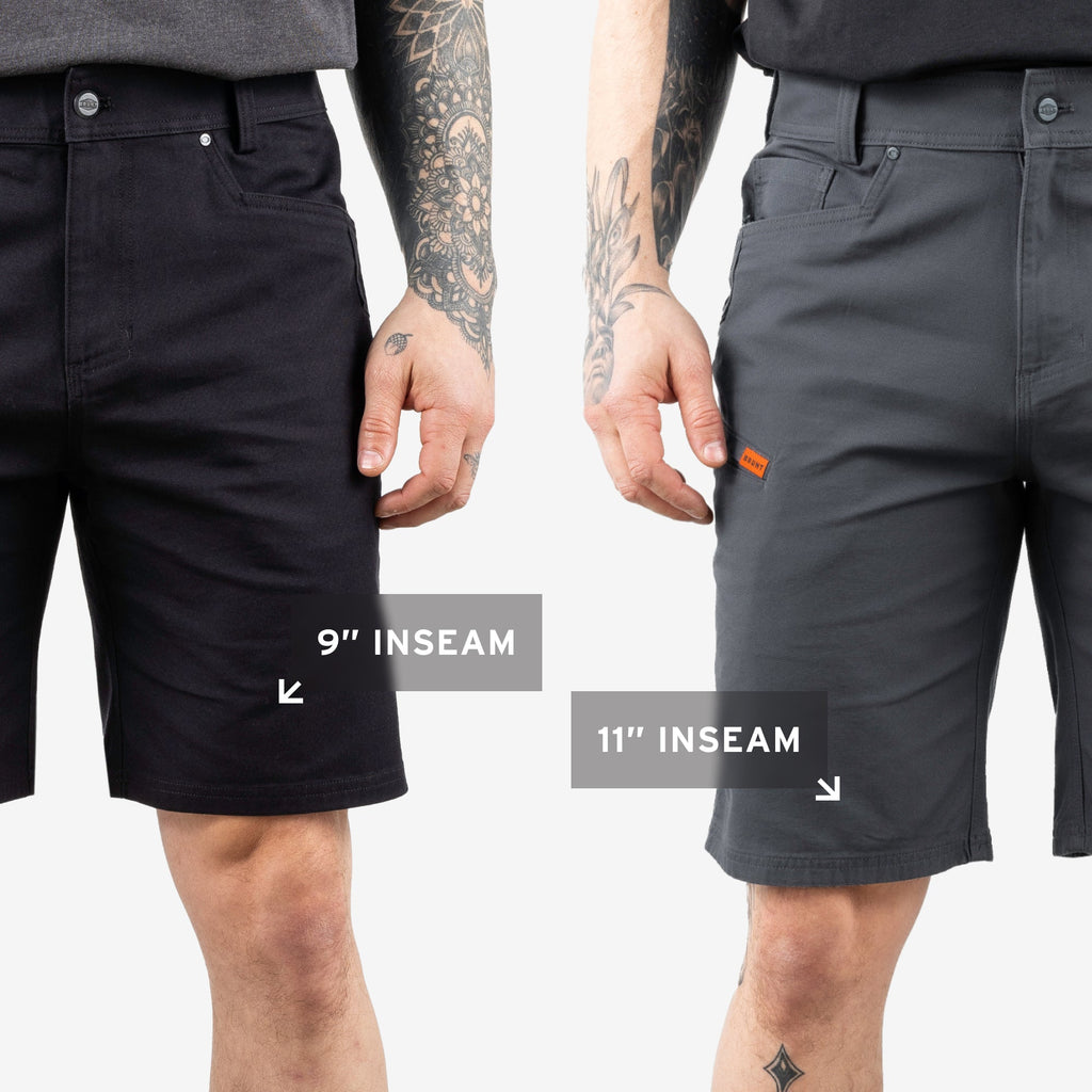 Side by side showing the different inseam lengths of the BRUNT torra 9 inch short on the left and the BRUNT torra 11 inch short on the right