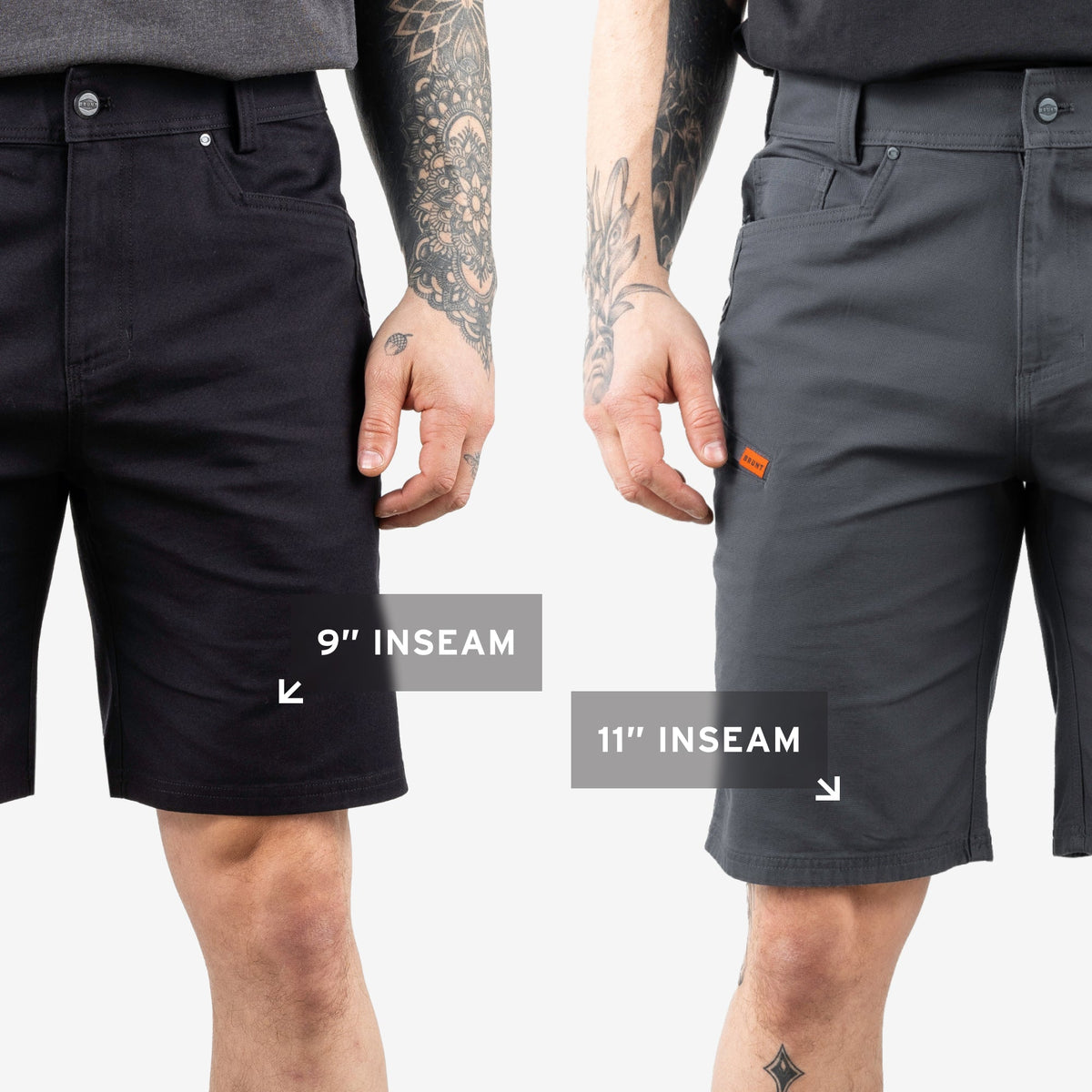 Side by side showing the different inseam lengths of the BRUNT torra 9 inch short on the left and the BRUNT torra 11 inch short on the right