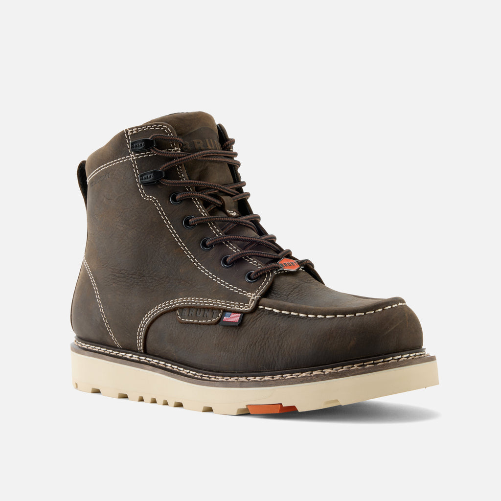 45 degree angle of the right BRUNT USA 6 inch waterproof welted moc toe marin work boot in dark brown