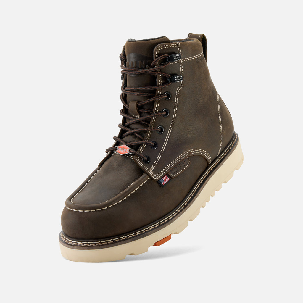 45 degree angle of the left BRUNT USA 6 inch waterproof welted composite toe marin work boot