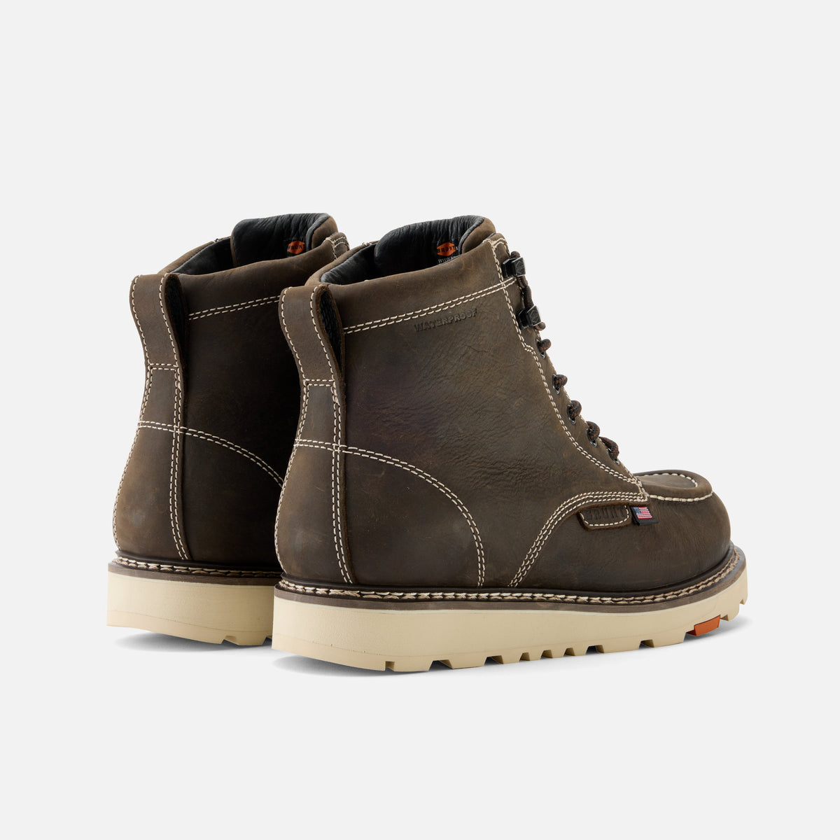 45 degree angle of the back BRUNT USA 6 inch waterproof welted moc toe marin work boot in dark brown