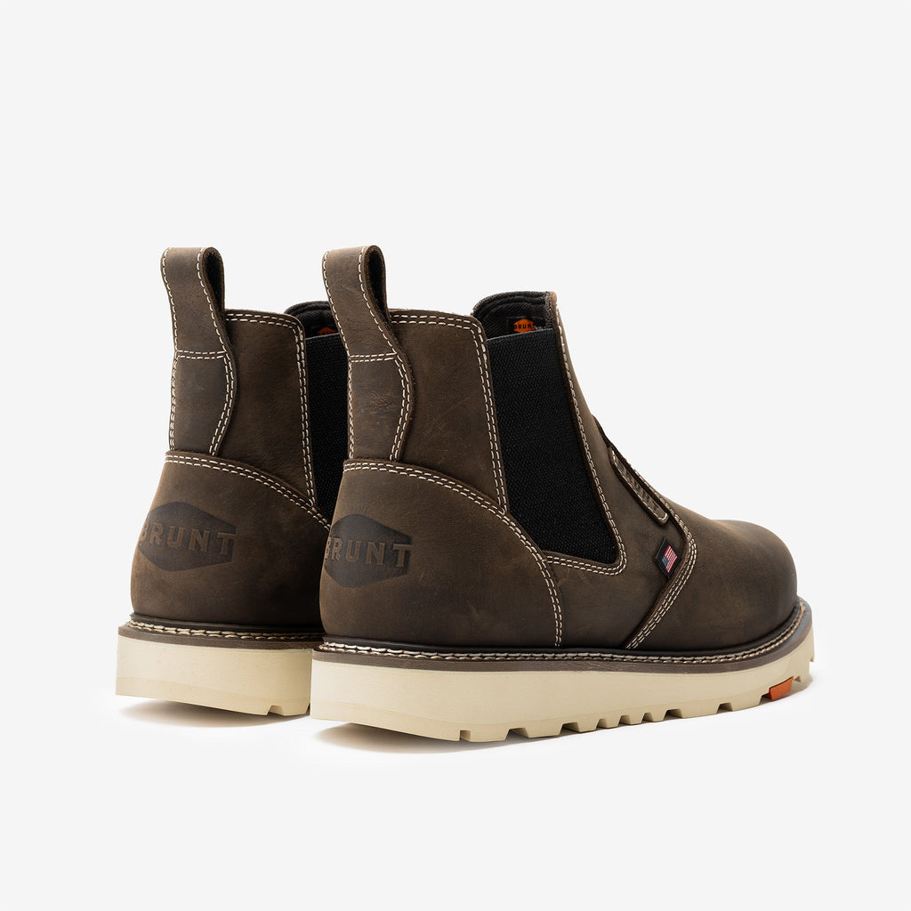 45 degree angle of the back of the BRUNT 6 inch usa welted slip on work boot in dark brown